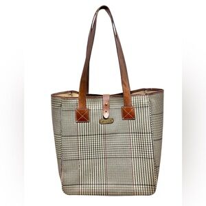 Vintage Polo Ralph Lauren Large Canvas Leather Tote Bag Plaid Houndstooth Brown